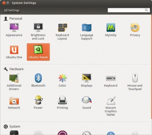 Ubuntu Tweak 0.7.2 - integracja z Centrum Sterowania Ubuntu