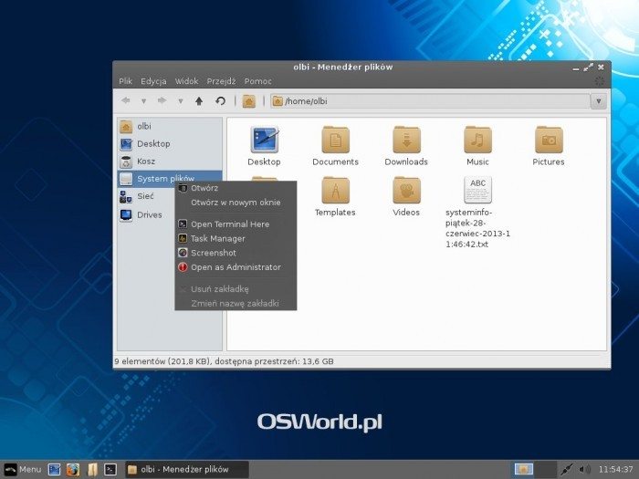 Linux Lite 1.0.6 - menu Otwórz jako administrator