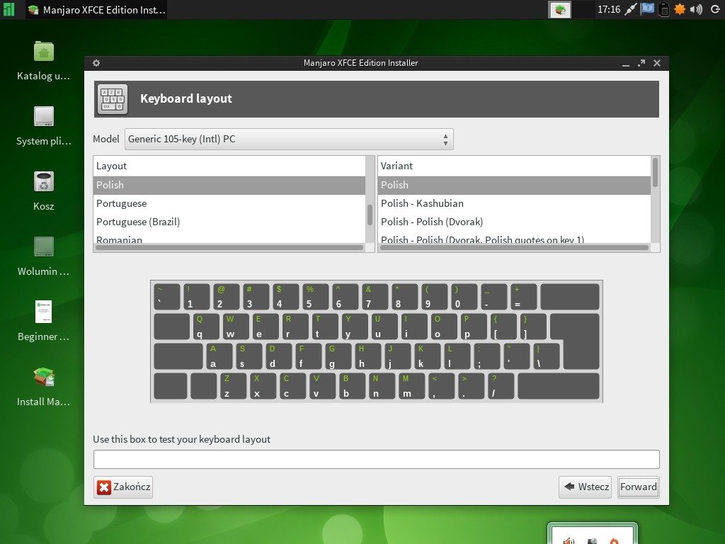 Manjaro 0.8.5 - graficzny instalator - wybór układu klawiatury