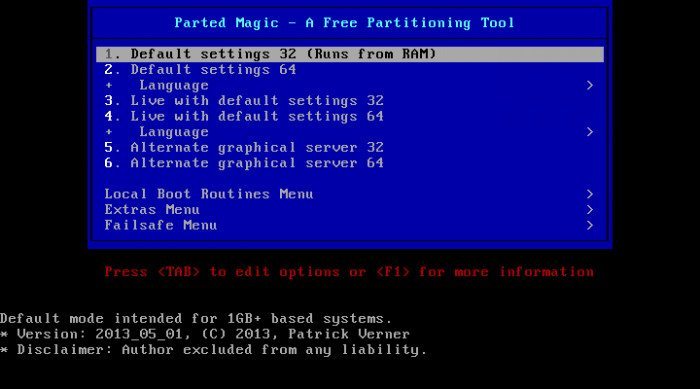 Parted Magic 2013_05_01 - Ekran bootowania