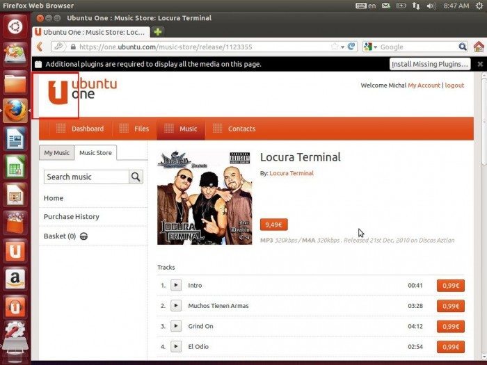 Unity Dash z propozycjami ofert Amazonu - Ubuntu One Music Store