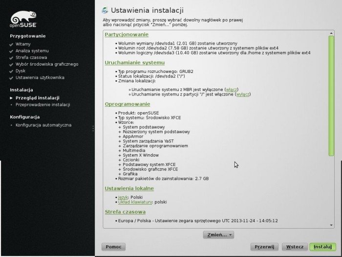 openSUSE 13.1 - instalator ustawienia instalacji