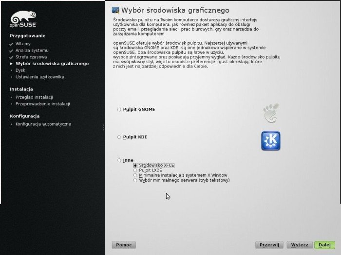 openSUSE 13.1 - instalator wybór środowiska graficznego