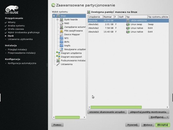 openSUSE 13.1 - instalator zaawansowane partycjonowanie